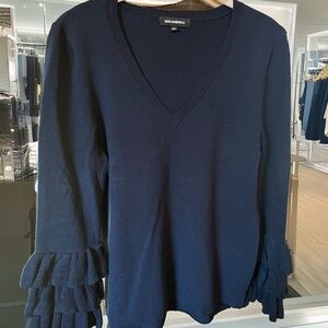 525 America Navy Blue Long Sleeve V Neck Sweater with Ruffled Sleeves Size Med